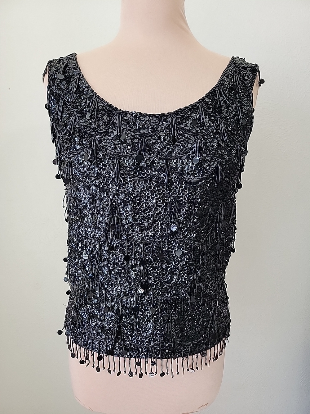 Vintage Koret Black Beaded Sequin Scoop Neck Camisole